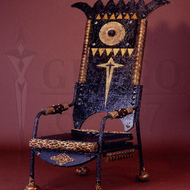 Metal armchair, exotic wood, bithume, gold leaf. Height 1.60 cms on 45 cms. </br> © RODRIGUE GREGO